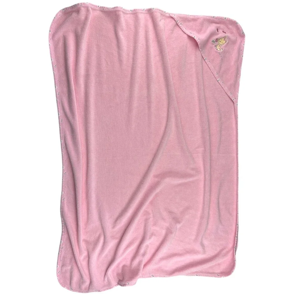 2001‎ Carters Pink Emu Baby Blanket Cat Flower Hooded Towel 28x36 Girl Vintage